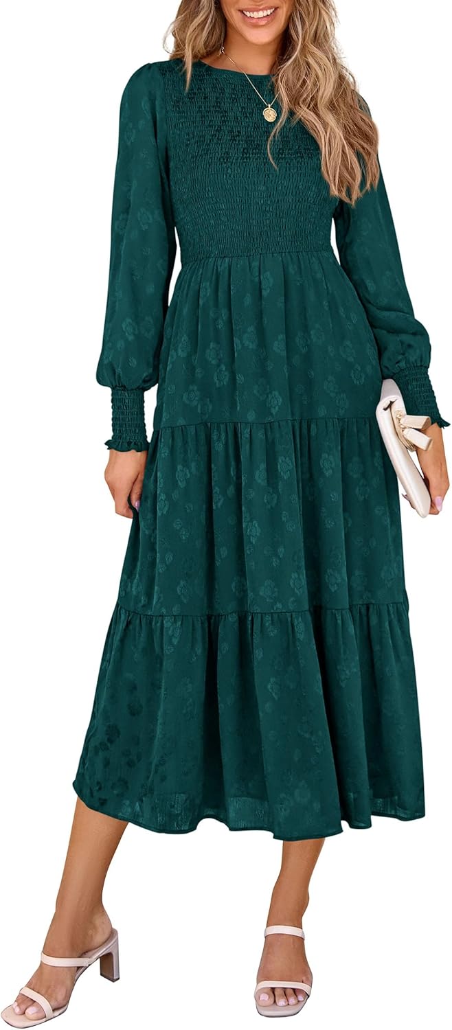 PRETTYGARDEN Women's Fall Spring Midi Dress Long Sleeve Floral Smocked Elegant Wedding Guest Long Flowy Dresses with Pockets