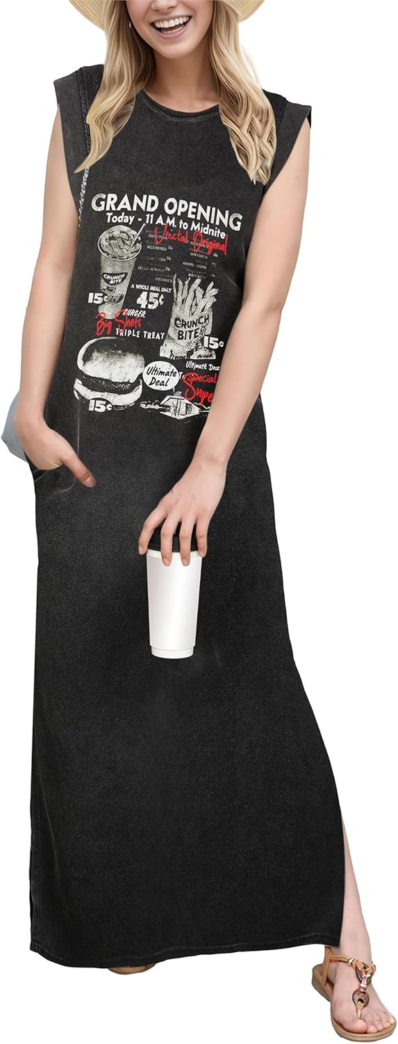 GRECERELLE 2025 Women Year-Round Casual Round Neck Loose Split Wrinkle-Free Long Maxi Vacation Dress with Pockets (XS-3XL)