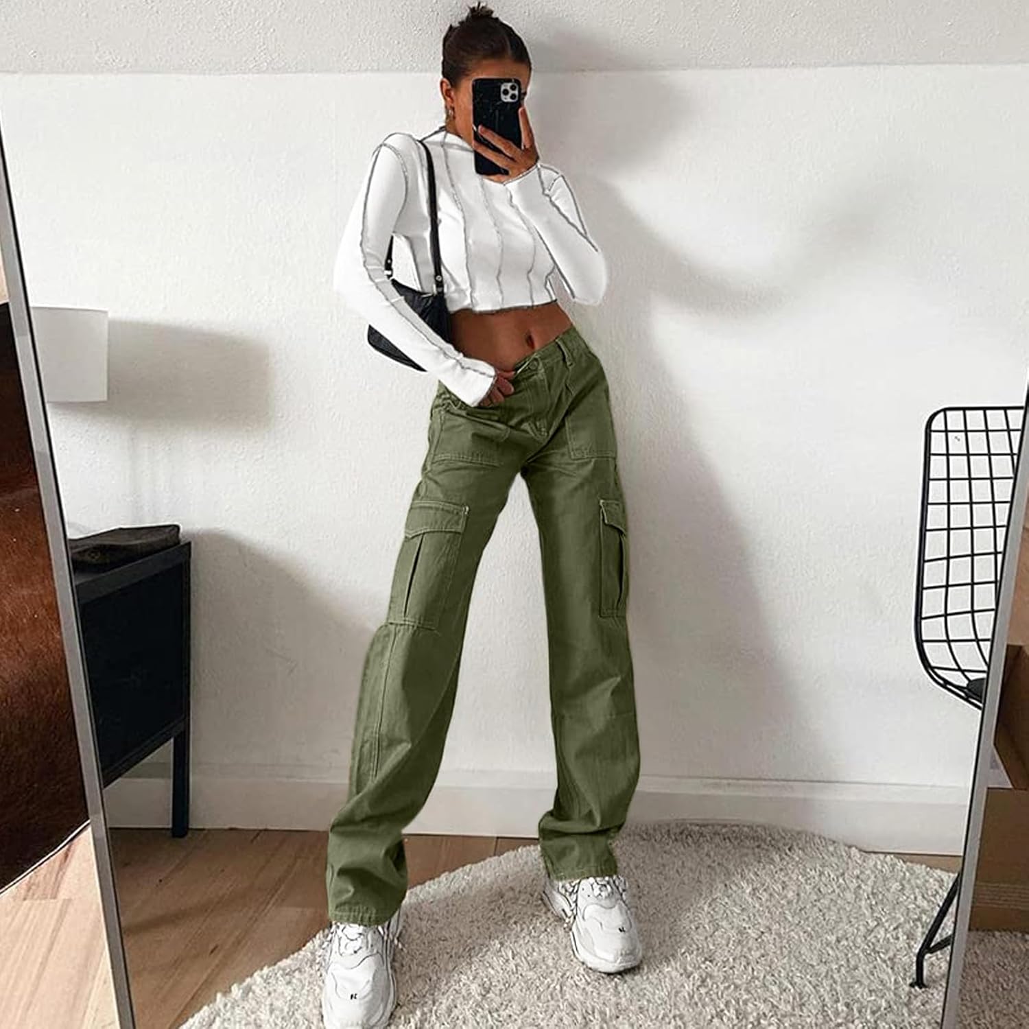 Lepunuo Cargo Pants for Women High Waisted Casual Pants Baggy Stretchy Wide Leg Y2K Streetwear with 6 Pockets