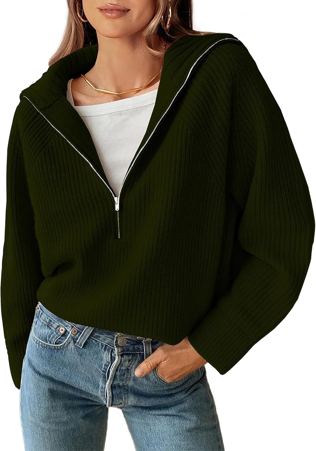 BTFBM Womens Sweaters Quarter Zip Pullover V Neck Collar Long Sleeve Ribbed Knit Loose Casual 2025 Winter Fall Sweater