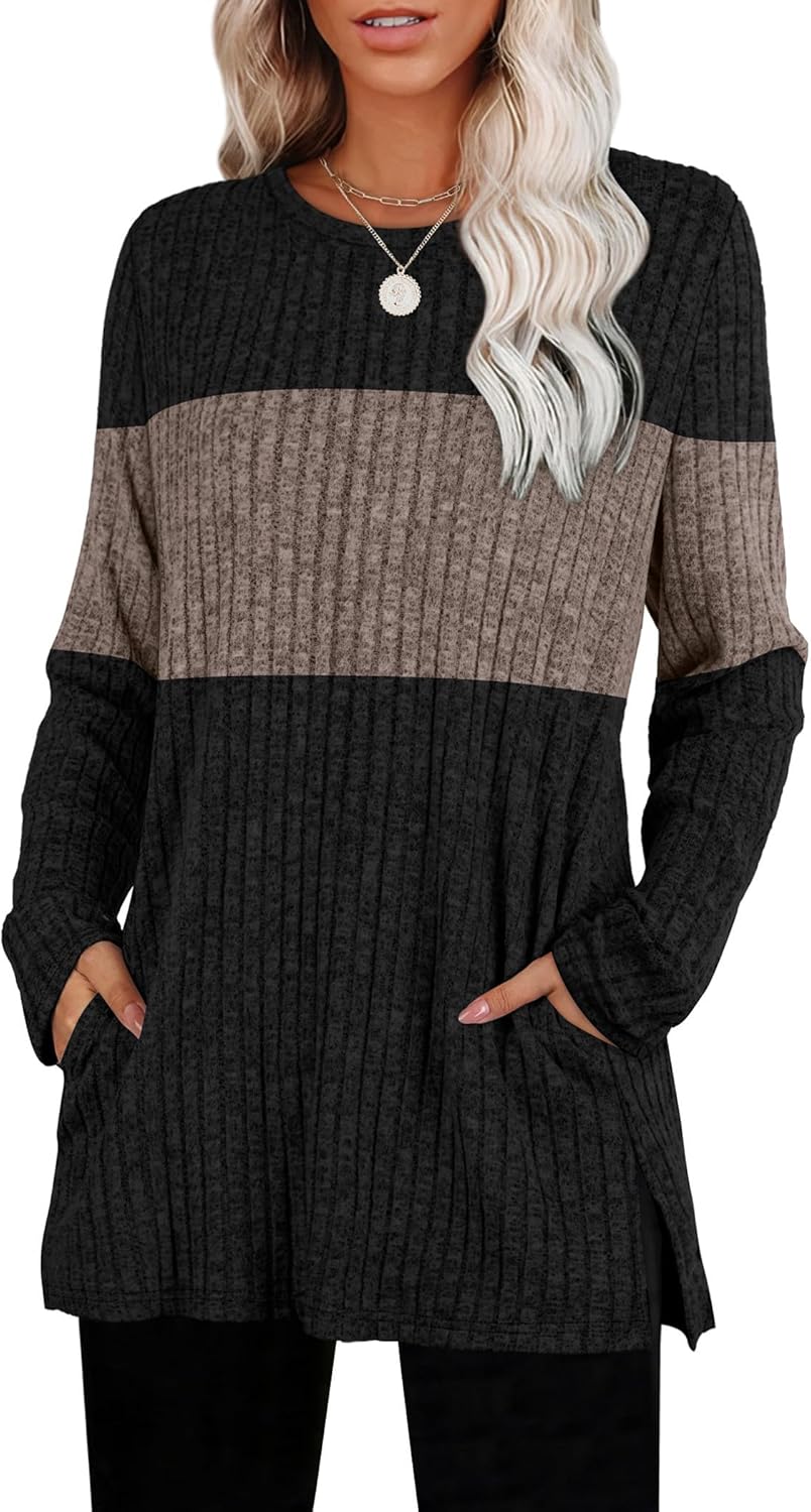 SAMPEEL Womens Sweaters Crewneck Long Sleeve Shirts with Pockets Fall Outfits 2025 Fashion Winter Clothing Side Slit