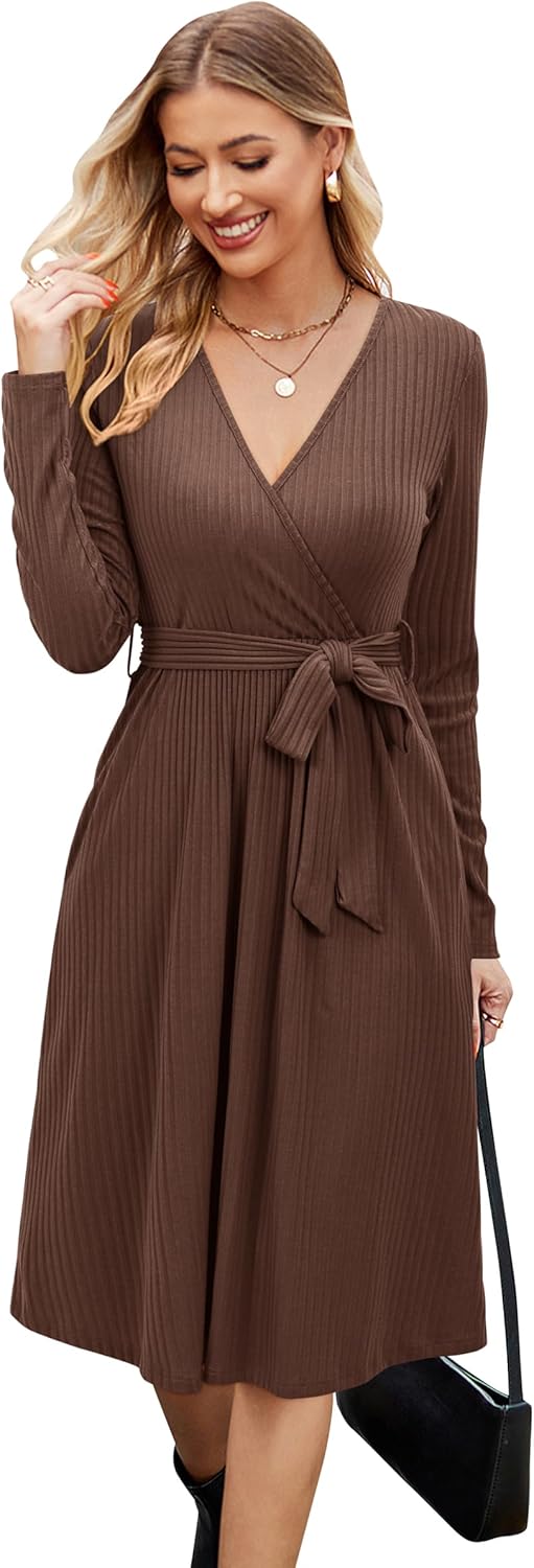Newshows Womens 2025 Fall Dresses Teacher Church Business Casual Work Outfits Knit Midi Sweater Pockets Belt Dress