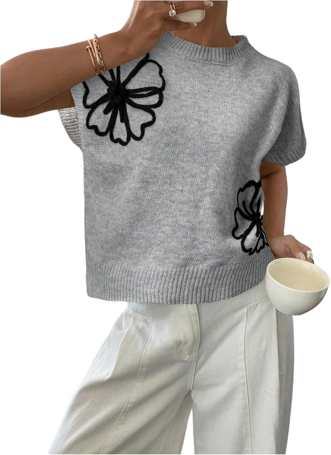 SOLY HUX Women's Ribbed Sweater Crew Neck Short Sleeve Loose Fit Floral Knit Pullover Tops