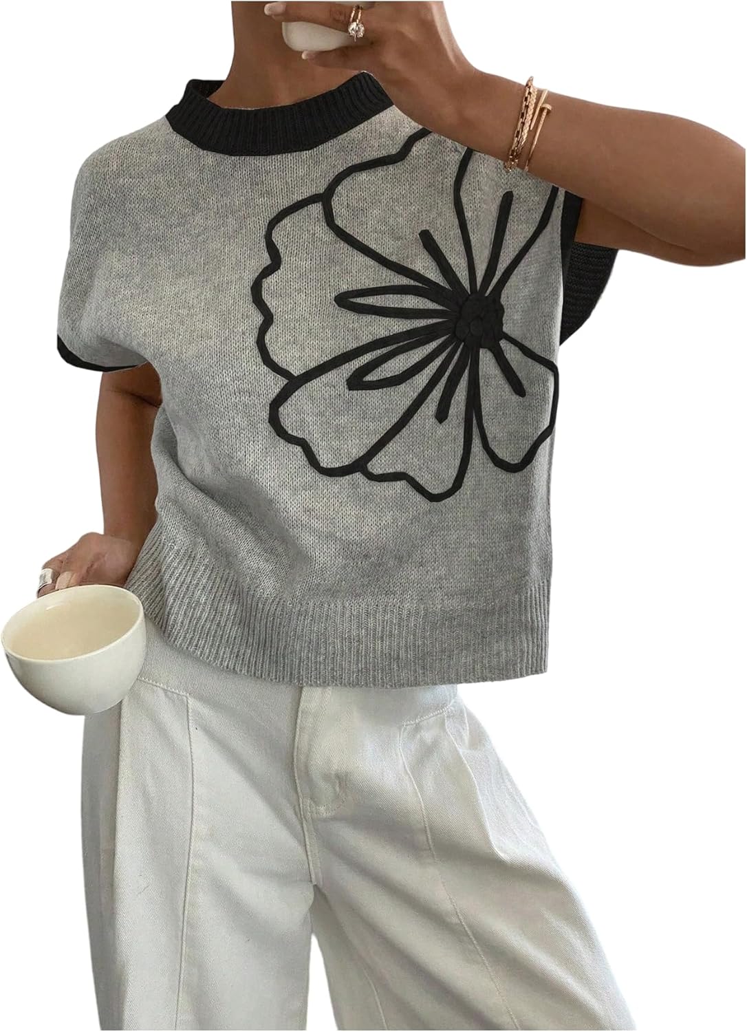 SOLY HUX Women's Ribbed Sweater Crew Neck Short Sleeve Loose Fit Floral Knit Pullover Tops