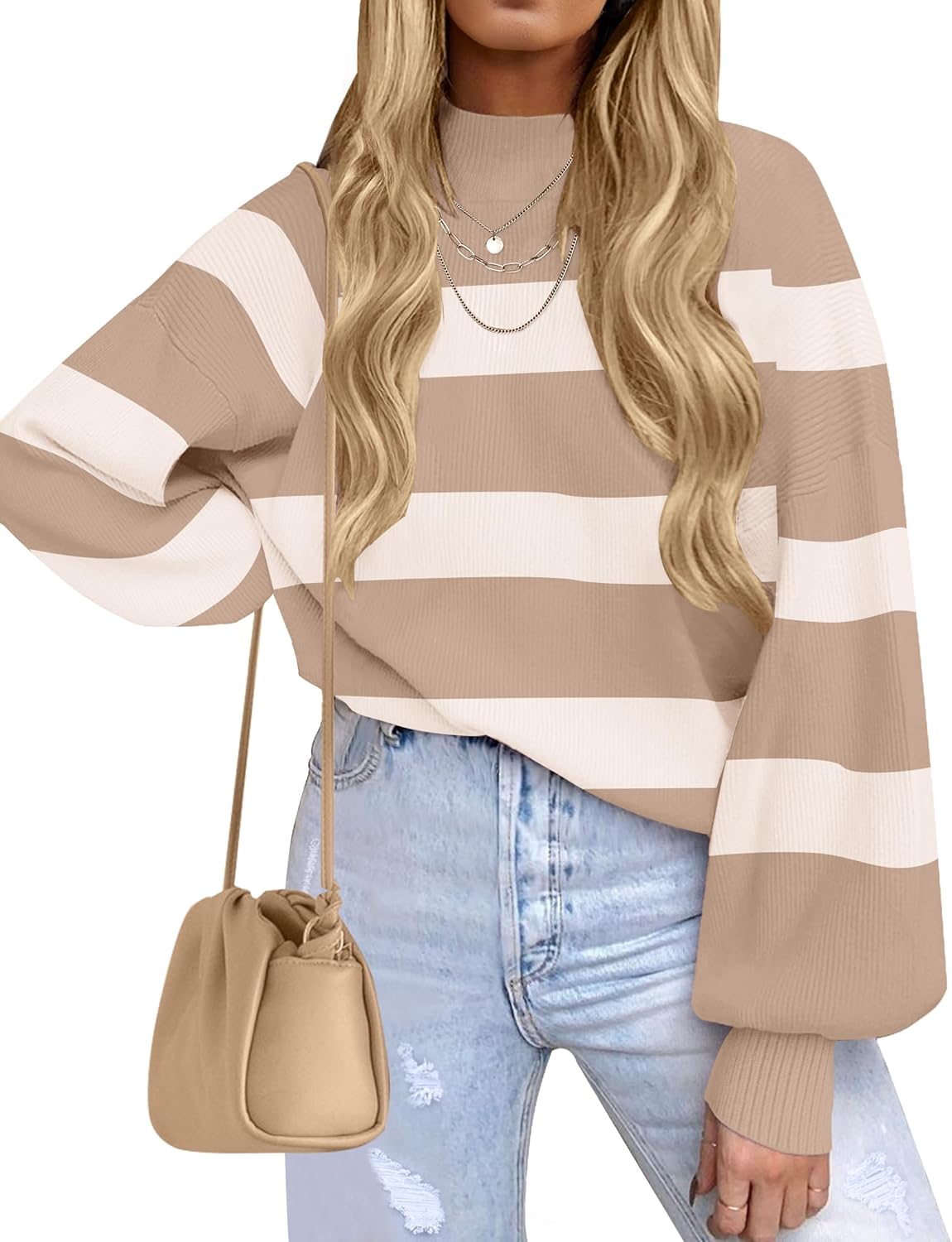 ZESICA Women's 2025 Fall Fashion Turtleneck Long Sleeve Striped Ribbed Knit Loose Pullover Sweater Tops