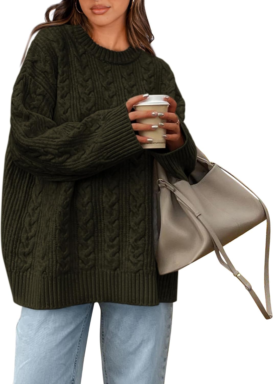 Okiwam Women's Oversized Sweaters Crewneck Cable Knit Pullover Casual Loose Fall Outfits Fashion Clothes 2025