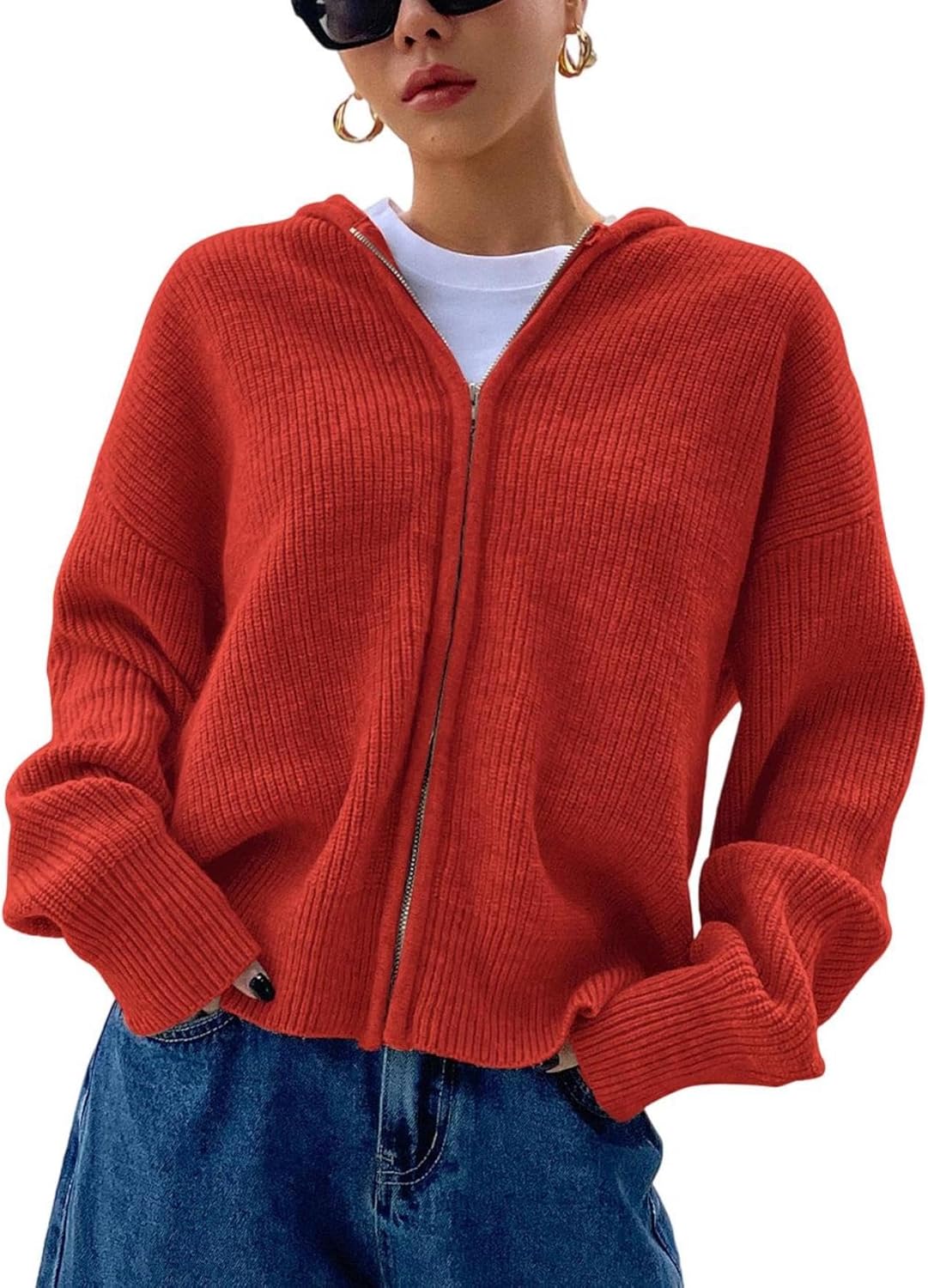 SOLY HUX Zip Up Cardigan for Women Hooded Cardigan Sweater Knitted Drop Shoulder Fall Clothes Winter Hoodies Outerwear