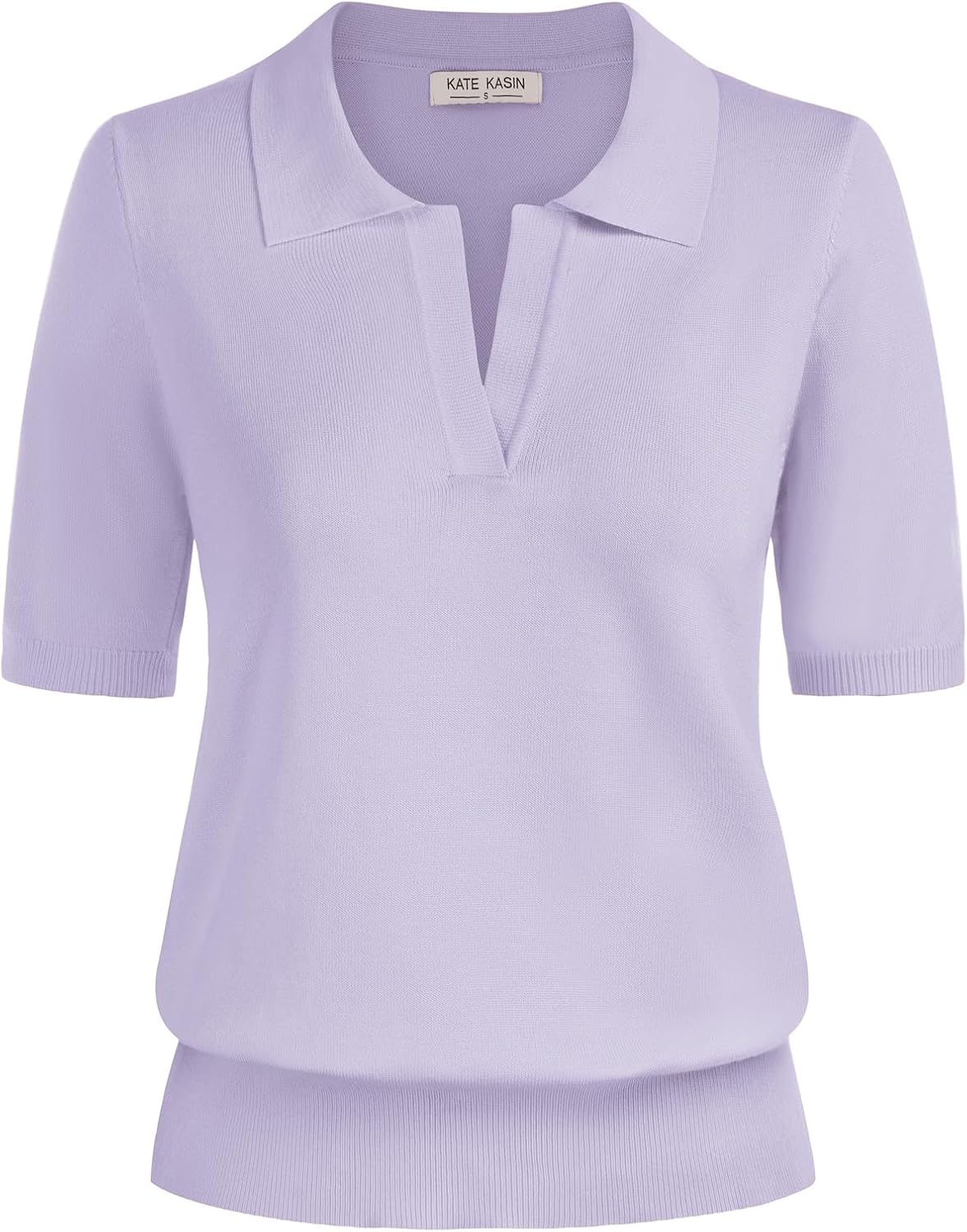 Kate Kasin Women Short Sleeve Polo Sweater V Neck Knitted Tops Casual Ribbed Shirt Loose Pullover Sweater