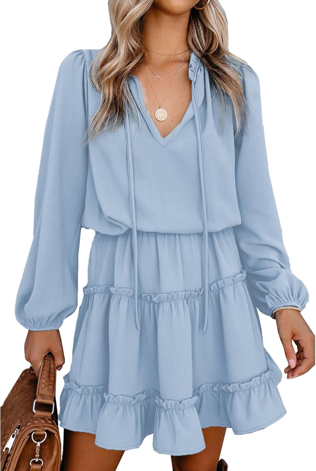 BTFBM Long Sleeve Fall Dresses for Women 2025 Summer Casual Tie Neck Ruffle Tiered A Line Wedding Guest Short Mini Dress