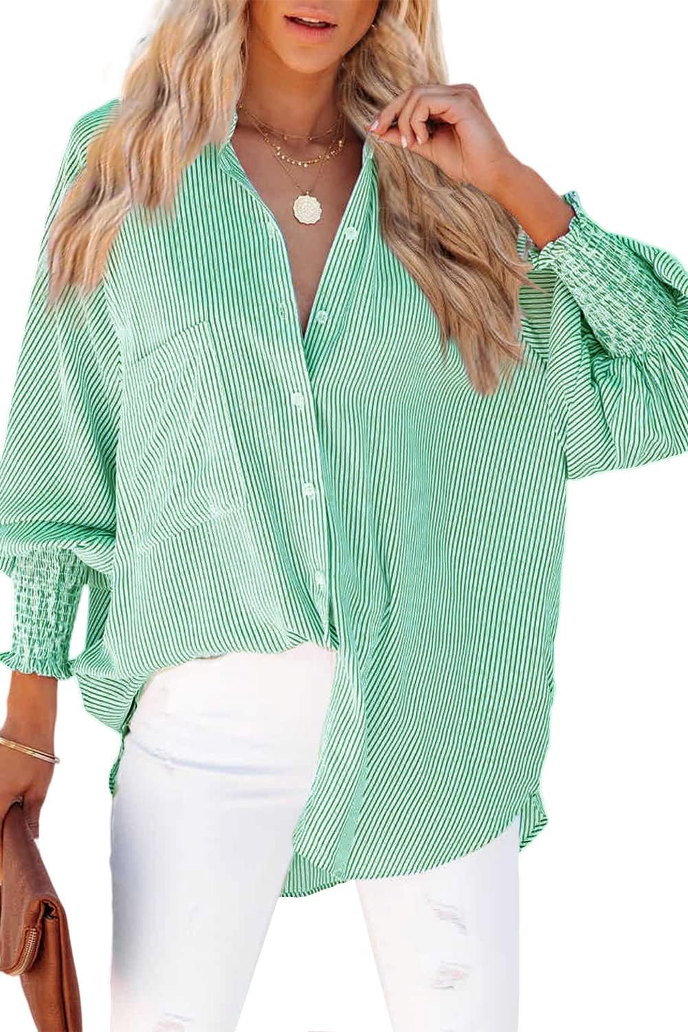 Womens Smocked Cuffed Striped Boyfriend Shirt Casual Collar Long Sleeve Oversized Button Down Blouse Tops with Pocket Shirred