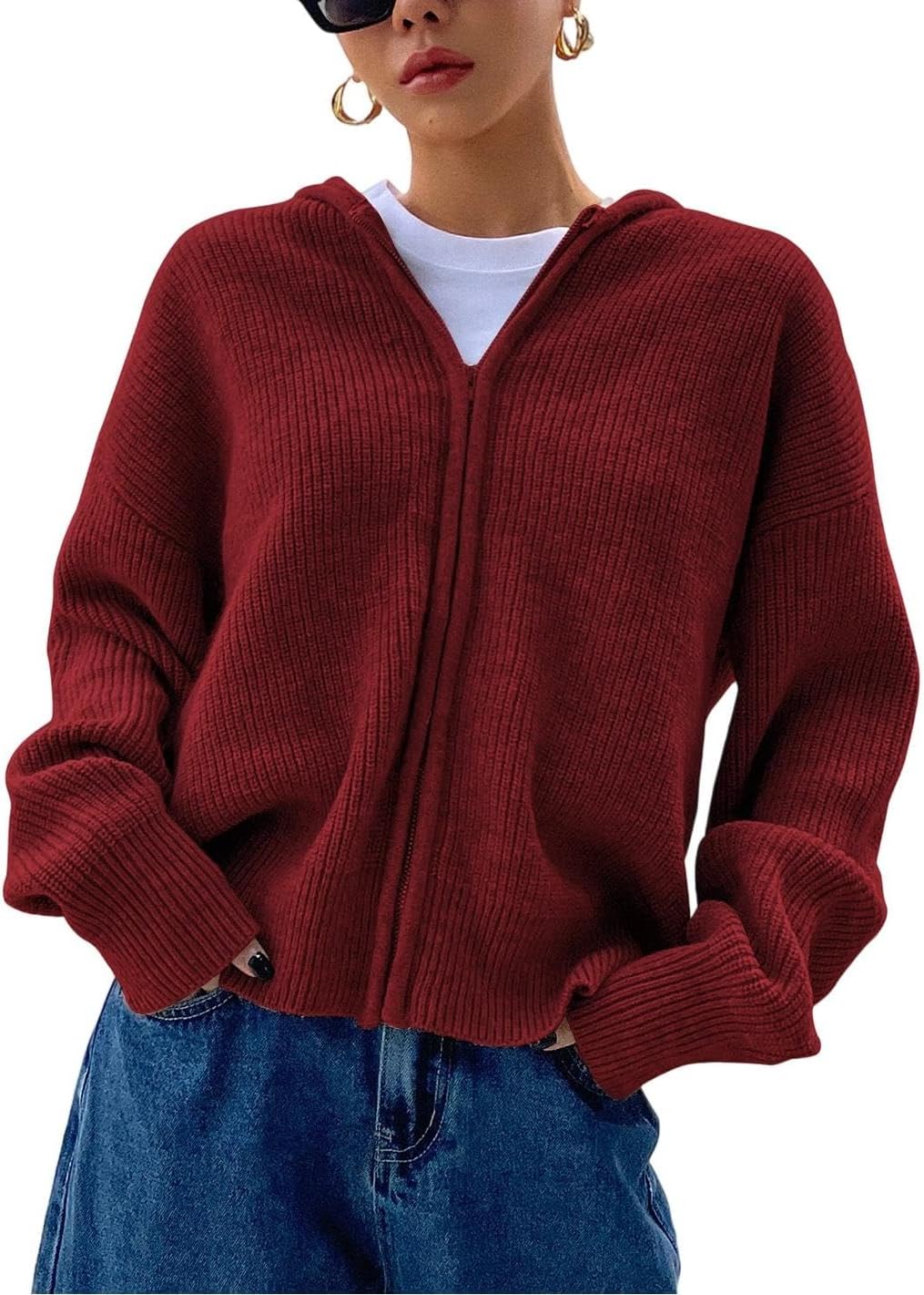 SOLY HUX Zip Up Cardigan for Women Hooded Cardigan Sweater Knitted Drop Shoulder Fall Clothes Winter Hoodies Outerwear