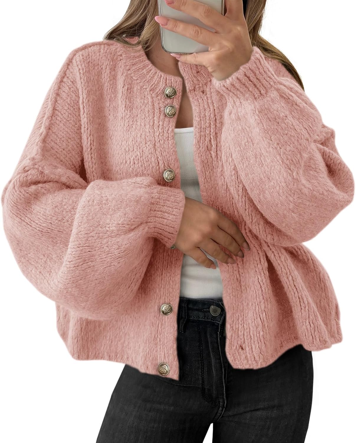 Saodimallsu Womens Oversized Cardigans Button Up Long Lantern Sleeve Chunky Knit Casual Soft Fall Sweater Coats