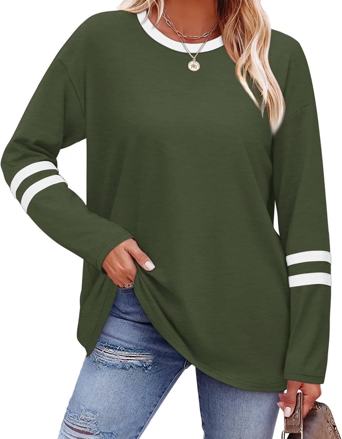 Sampeel Long Sleeve Shirts for Women Color Block Casual Tops Fall Outfits 2025 Basic Tees Trendy Clothes