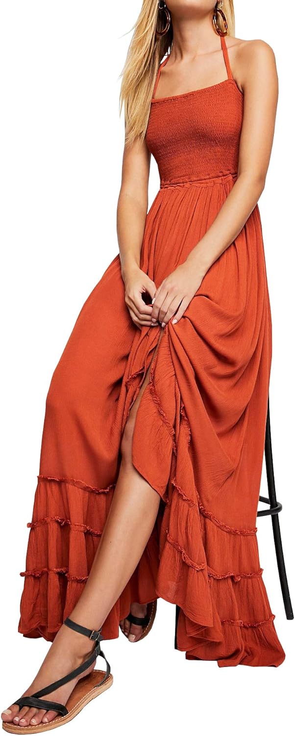 R.Vivimos Womens Summer Boho Sexy Backless Long Dresses