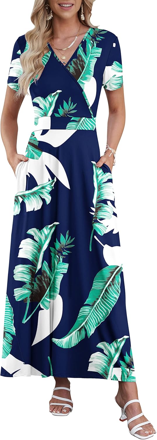 AUSELILY Maxi Dresses for Women Ankle Length Floral Print Beach Long Flowy Dress with Pockets