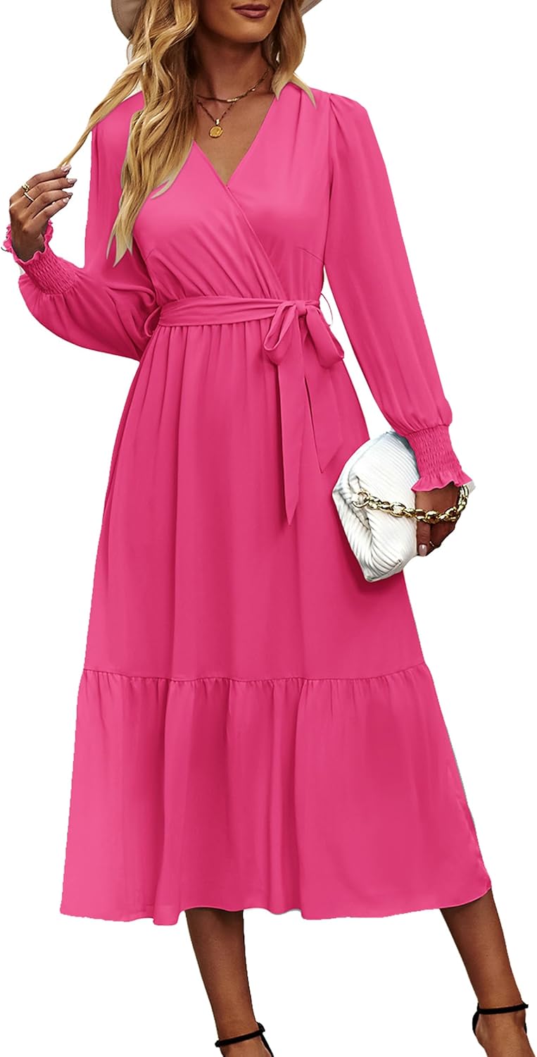 PRETTYGARDEN Women's Floral Boho Dress Fall Long Sleeve Wrap V Neck Ruffle Flowy Maxi Spring Wedding Guest Vacation Dresses