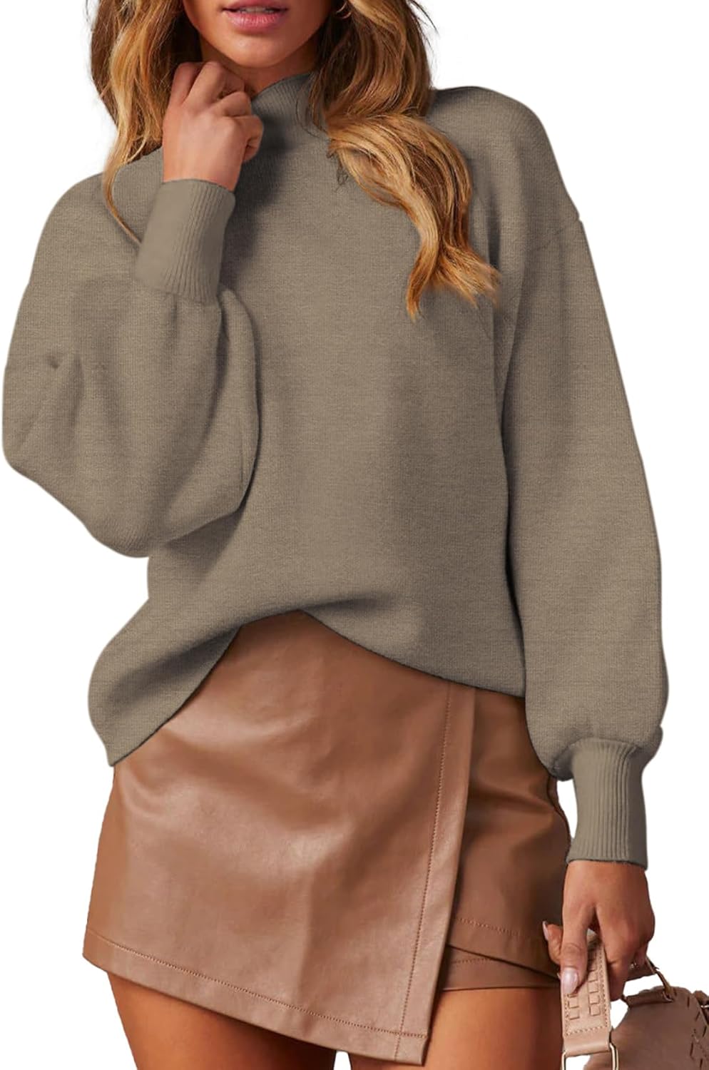 WEACZZY Women's 2025 Fall Fashion Casual Sweaters Mock Neck Long Lantern Sleeve Lightweight Knit Pullover Sweater Tops