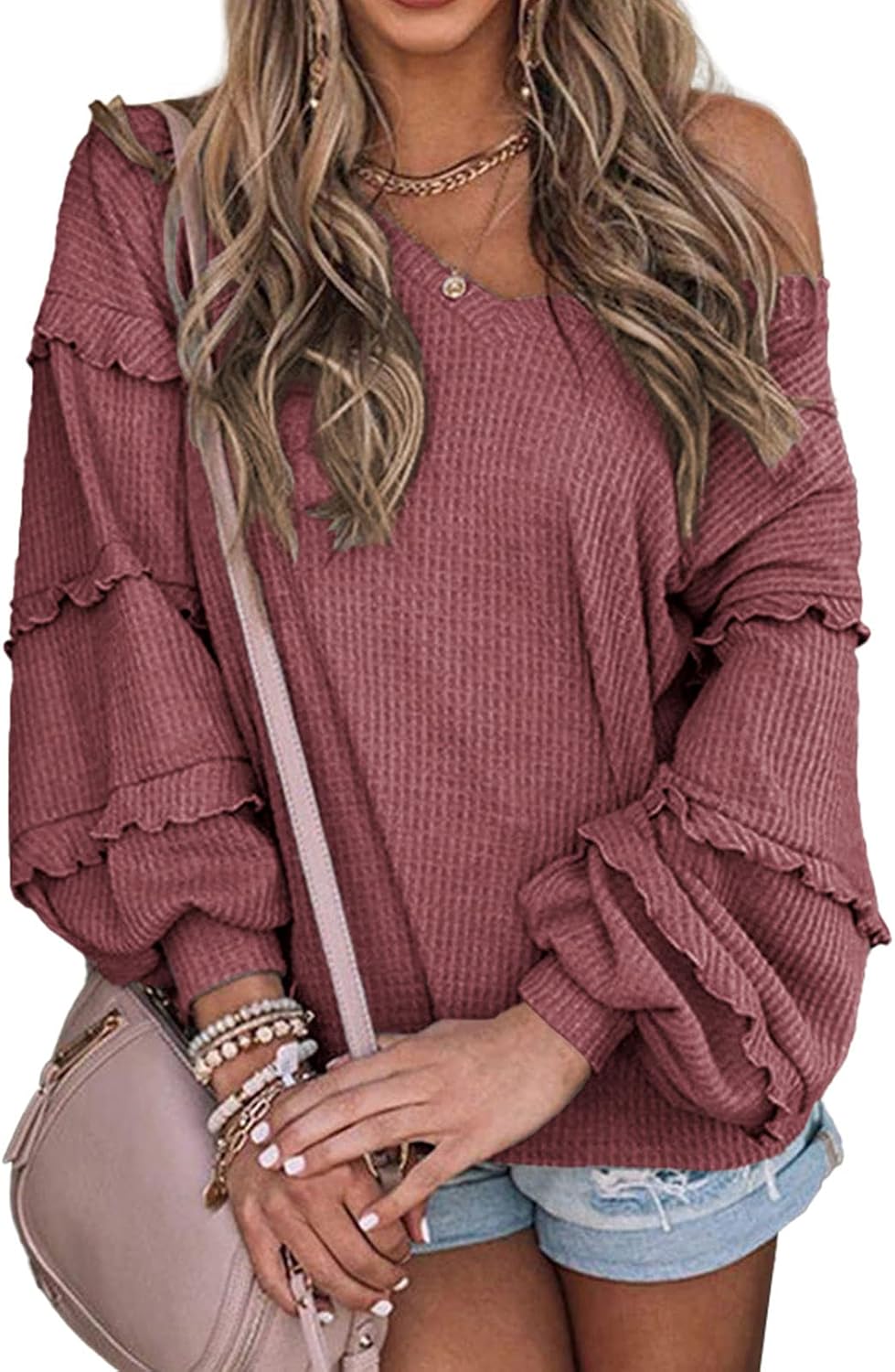 BTFBM Women's V Neck Long Sleeve Blouse Loose Fit Tunics Ruffles Off Shoulder Waffle Knit Solid Color Tops Fall Tee Shirts
