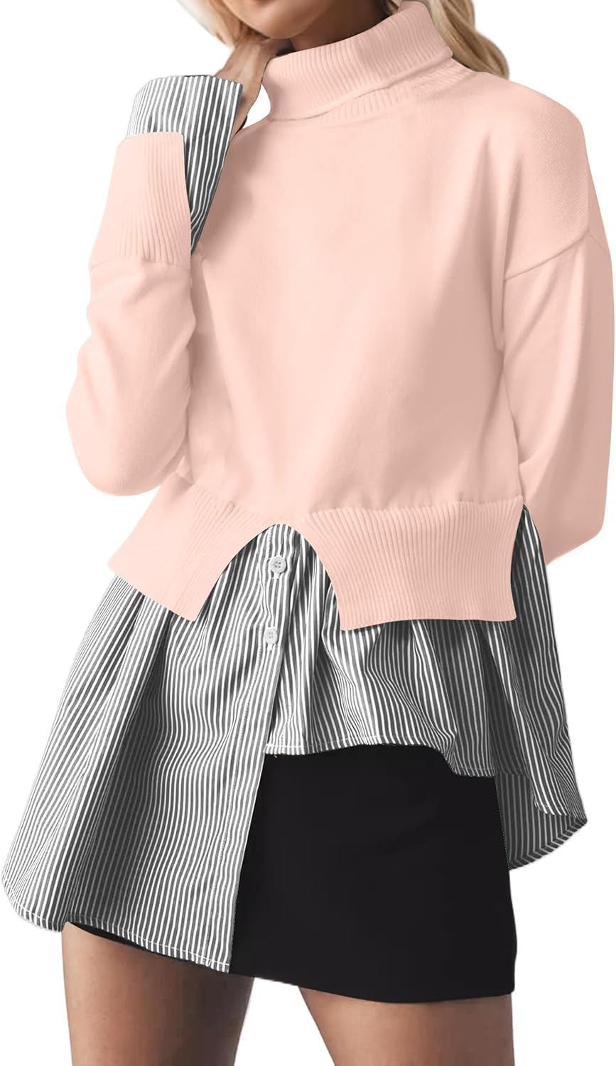 MISSACTIVER Women Slit Turtleneck Patchwork Sweater 2 in 1 Buttons Down Pullover Knit Sweater Asymmetrical Hem Shirt Top