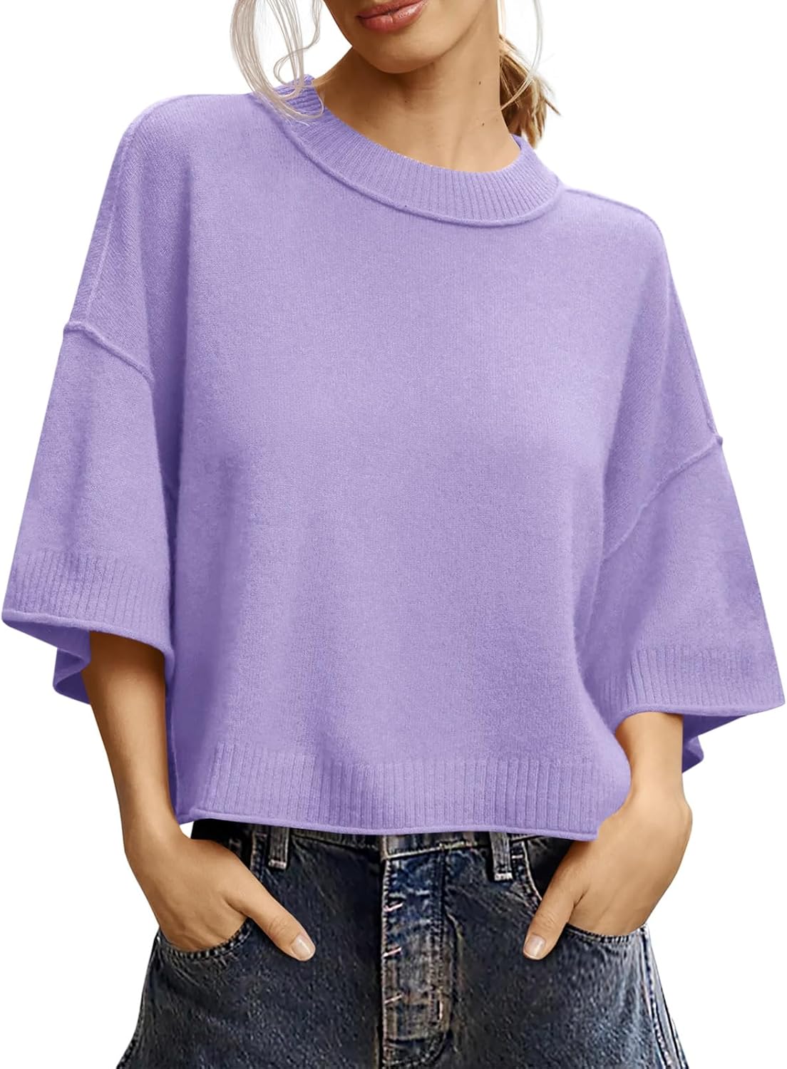 Saodimallsu Womens Short Sleeve Sweater Summer Oversized Cropped Sweaters Casual Crewneck Lightweight Knit Tops