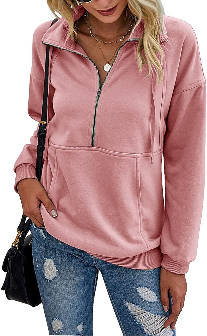 PRETTYGARDEN Women's Casual Long Sleeve Lapel Zipper Sweatshirt Drawstring Loose Pullover Tops