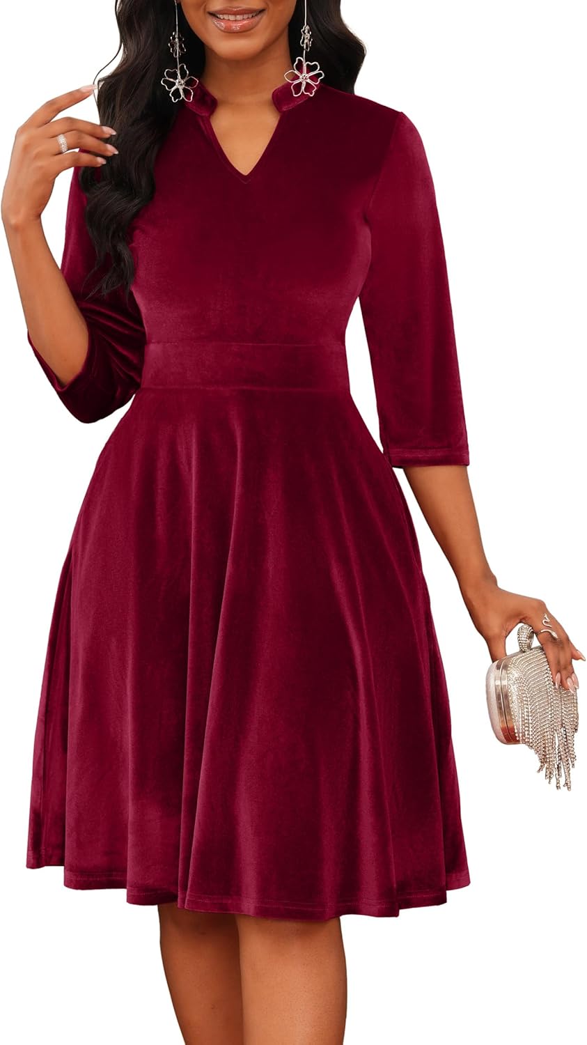 Nmoder Casual Dresses for Women Semi Formal Fit and Flare 3/4 Sleeve A-line Church Work Dress with Pockets