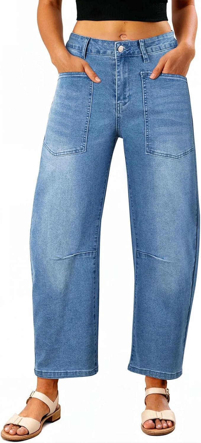 EVALESS Womens Baggy Barrel Jeans High Waisted Wide Leg Boyfriend Denim Ankle Pants