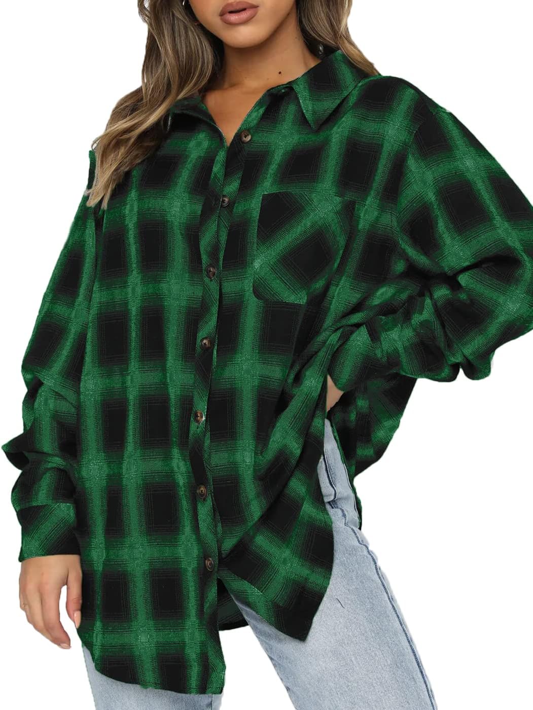 CHYRII Womens Button Down Flannel Shirts Long Sleeve Plaid Shackets Business Casual Blouse Top
