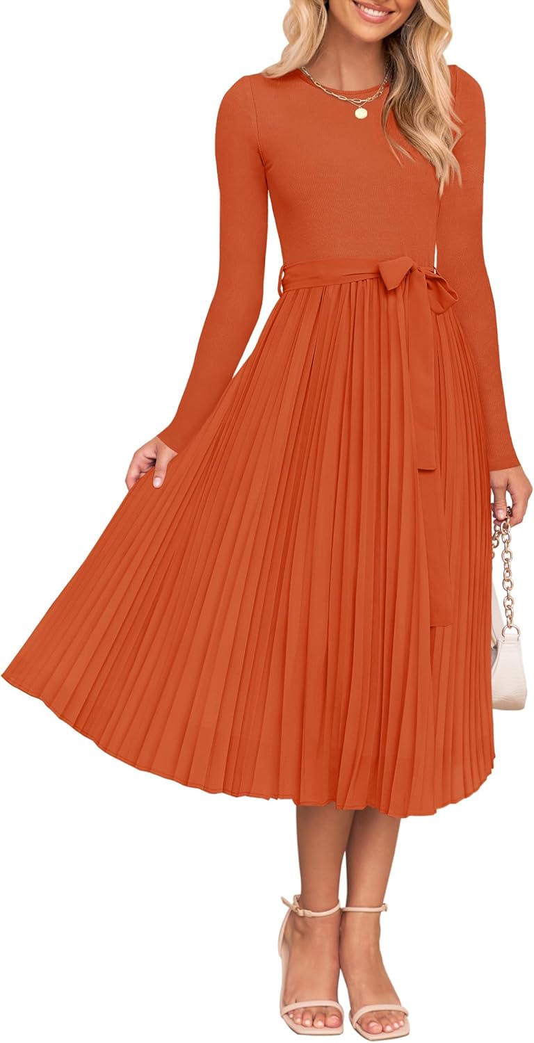 ZESICA Women's Fall Long Sleeve Midi Dress 2025 Casual Crewneck Knit Belted Pleated A Line Flowy Party Dresses