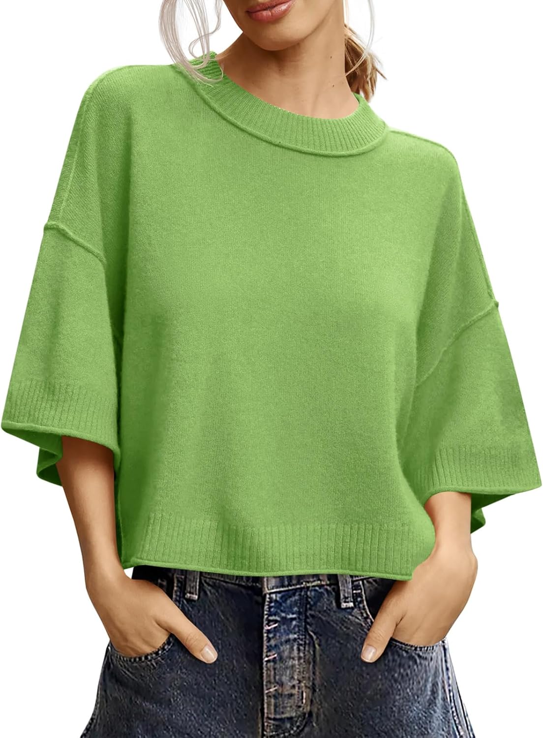 Saodimallsu Womens Short Sleeve Sweater Summer Oversized Cropped Sweaters Casual Crewneck Lightweight Knit Tops