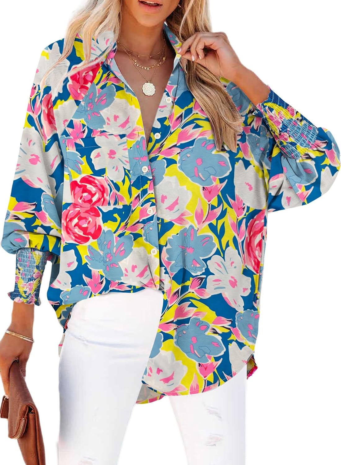 Womens Smocked Cuffed Striped Boyfriend Shirt Casual Collar Long Sleeve Oversized Button Down Blouse Tops with Pocket Shirred