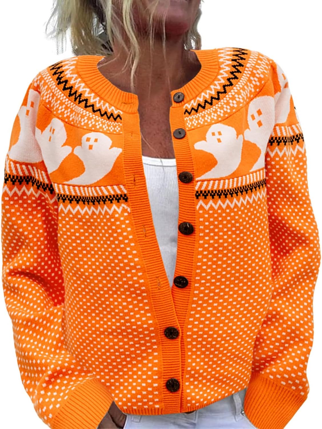 Women's Funny Fall Winter Animal Floral Christmas Tree Long Sleeve Button Knit Cardigan Sweater