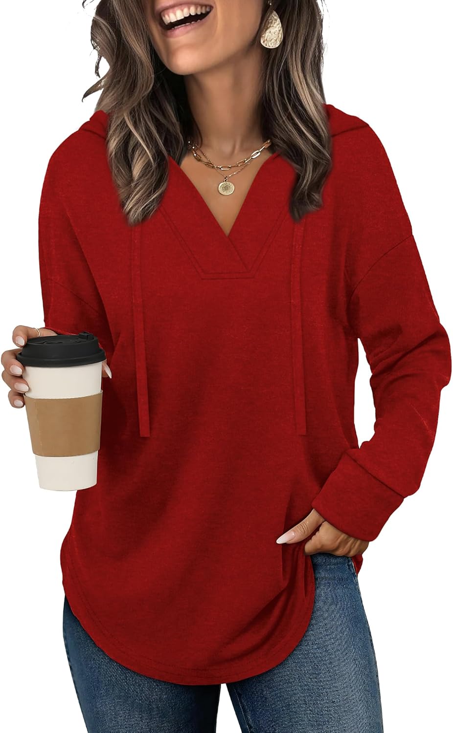 Sampeel Hoodies for Women Trendy Fall Fashion 2025 V Neck Oversized Sweatshirt Plus Size Tops Clothes