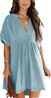 Minclouse Women's Babydoll Short Sleeve Tunic Dress V Neck Cute Casual Loose Dresses