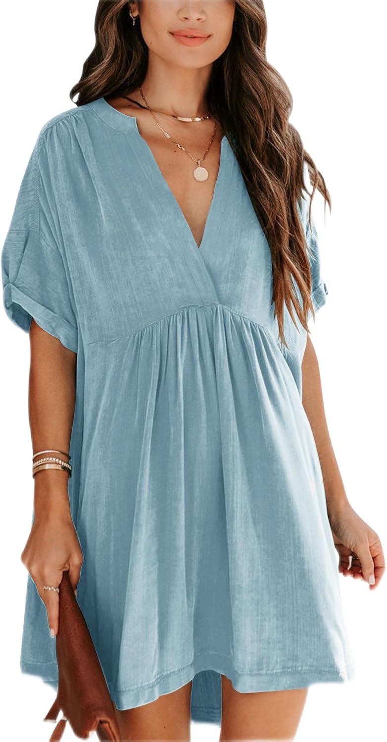 Minclouse Women's Babydoll Short Sleeve Tunic Dress V Neck Cute Casual Loose Dresses