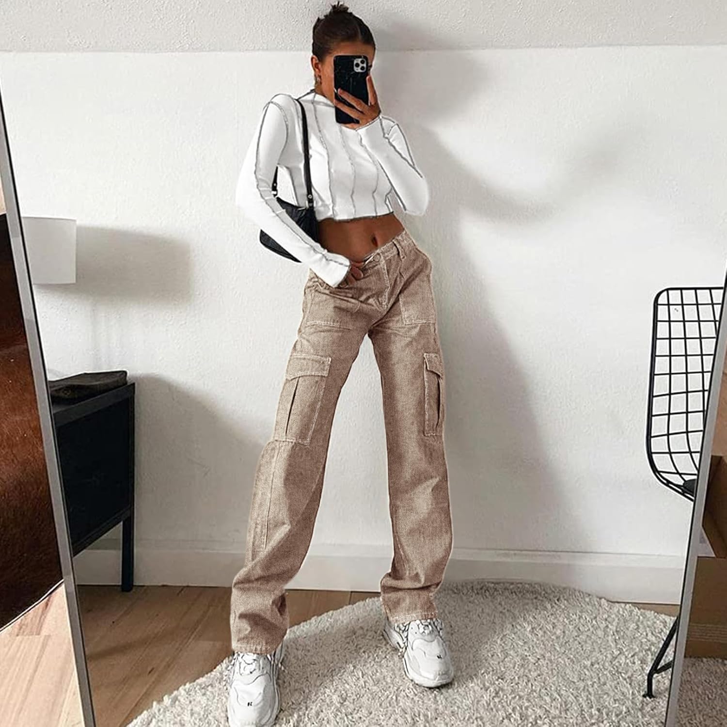 Lepunuo Cargo Pants for Women High Waisted Casual Pants Baggy Stretchy Wide Leg Y2K Streetwear with 6 Pockets