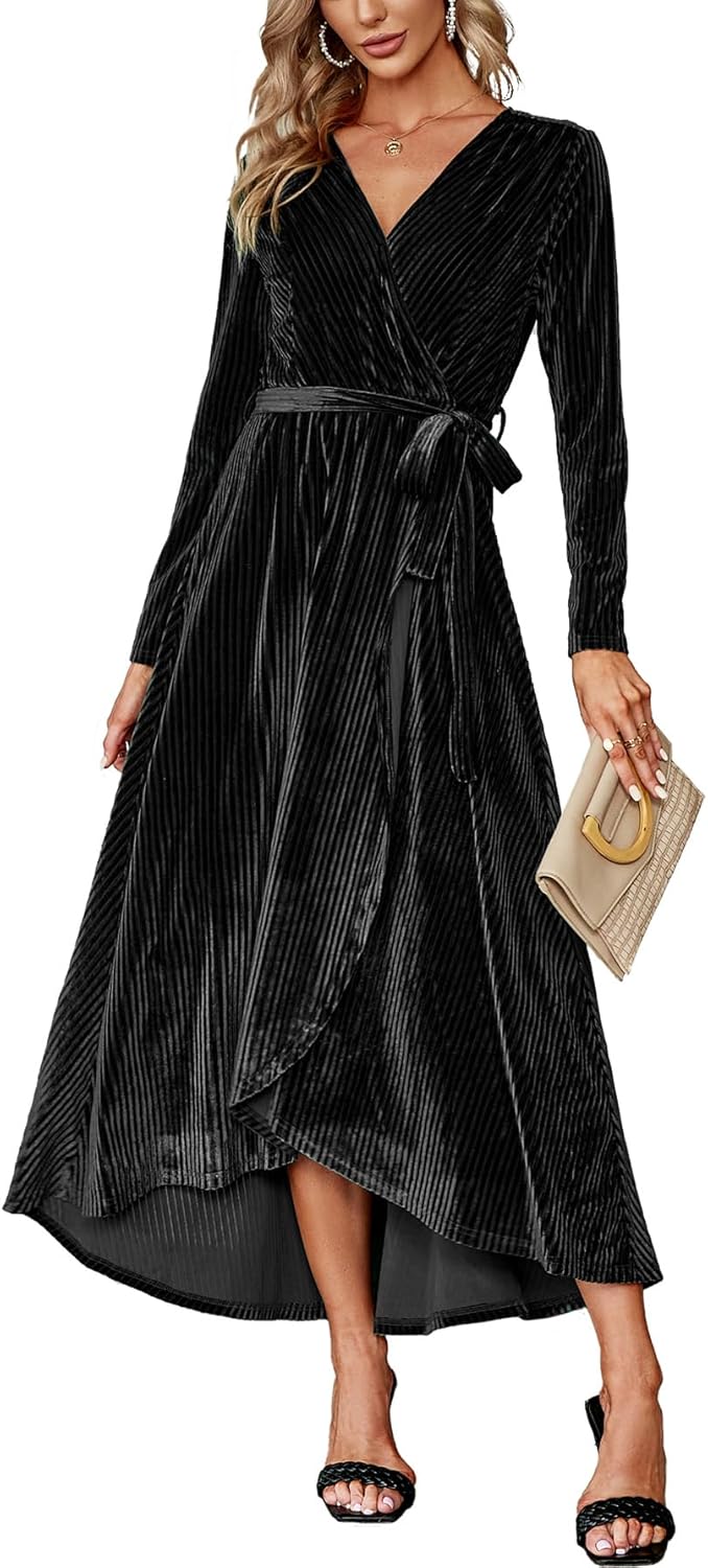 BerryGo Women's Velvet V Neck Wrap Semi Formal Dress Cocktail Party Maxi Dress for Wedding Guest