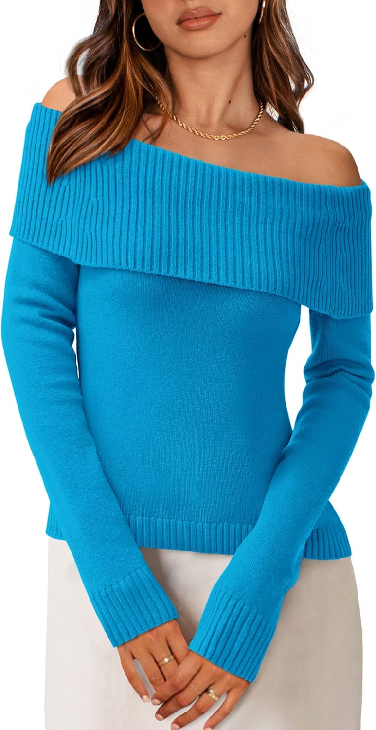 PRETTYGARDEN Off The Shoulder Sweater for Women 2025 Fall Fashion Cute Long Sleeve Tops Winter Ribbed Pullover Knit Outfits