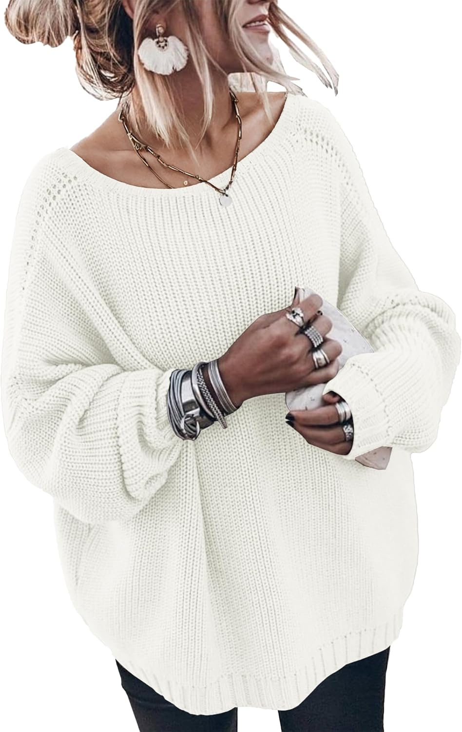 Oversized Sweaters for Women Trendy Chunky Batwing Long Sleeve Casual Crewneck Ribbed Pullover Tunic Sweater