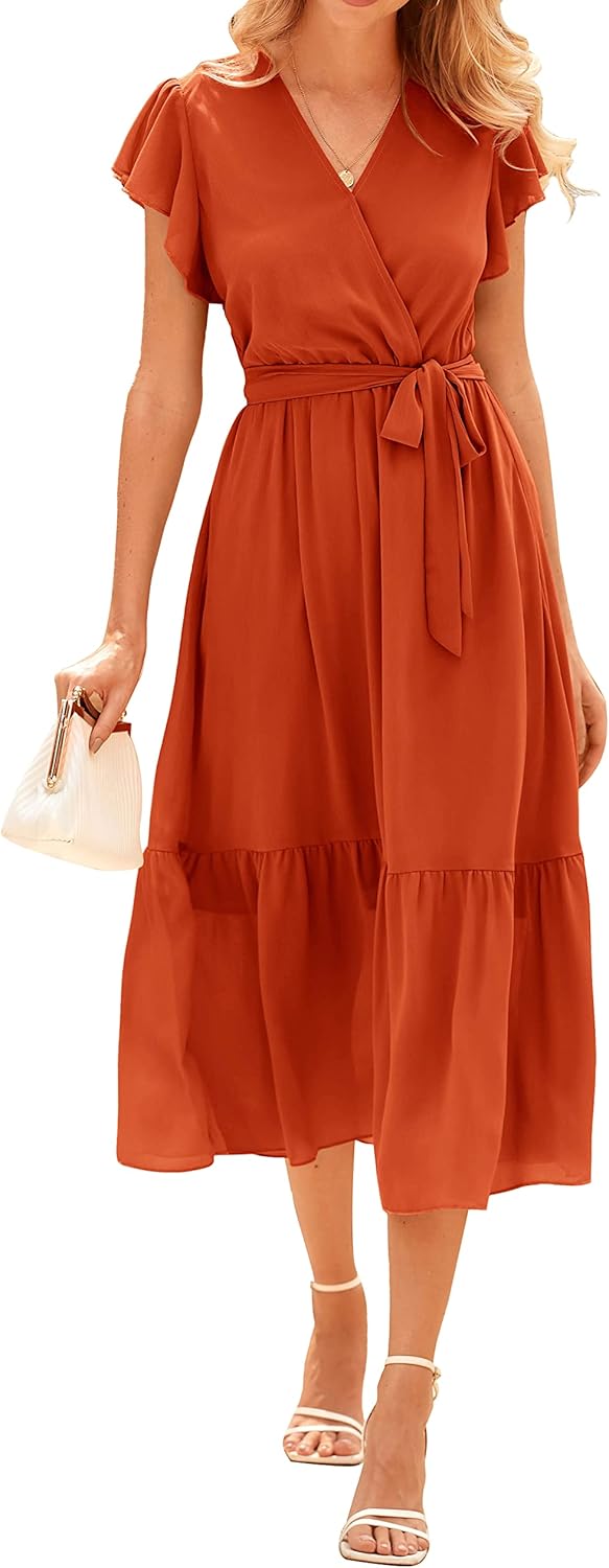 BTFBM Women Summer Bohemian Floral Casual Wrap V Neck Ruffle Cap Sleeveless Belt A-Line Pleated Hem Midi Sun Dress White