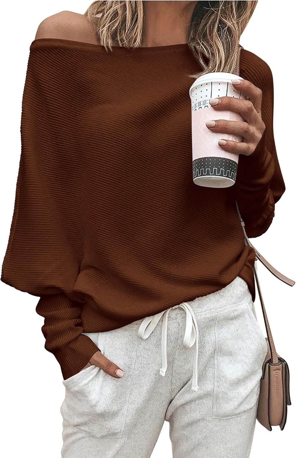 Zenlonr Women's Fall Sweaters 2025 Casual Long Batwing Sleeve Loose Off Shoulder Knit Pullovers Jumper Tops