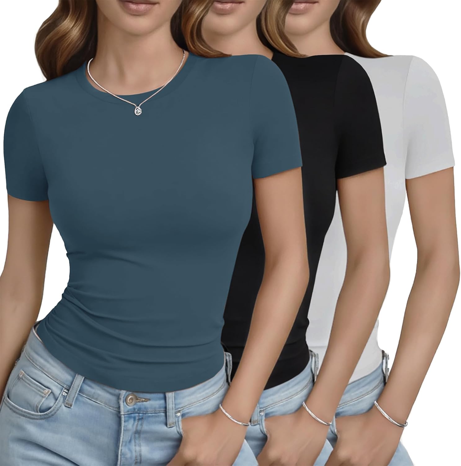 GAYHAY 3 Pack Basic Tees for Women - Crew Neck Slim Fit Tight T Shirts Cute Y2K Trendy Crop Tops Clothes for Casual Summer