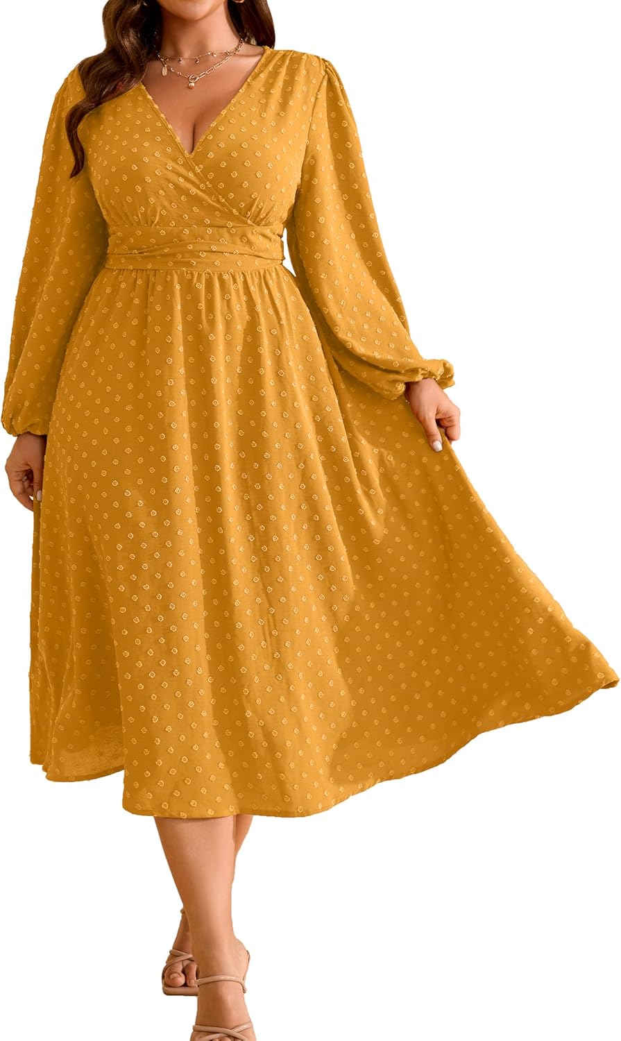 RWJ Women's Plus Size Fall Wedding Guest Dress Wrap V Neck Swiss Dot Lantern Long Sleeve Swing Boho Casual Dresses