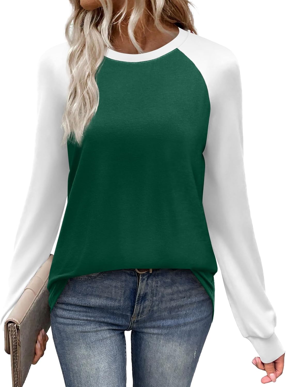 WIHOLL Long Sleeve Shirts for Women Color Block Raglan Tops Casual Crewneck Basic Tees Fall Clothes 2025 Fashion