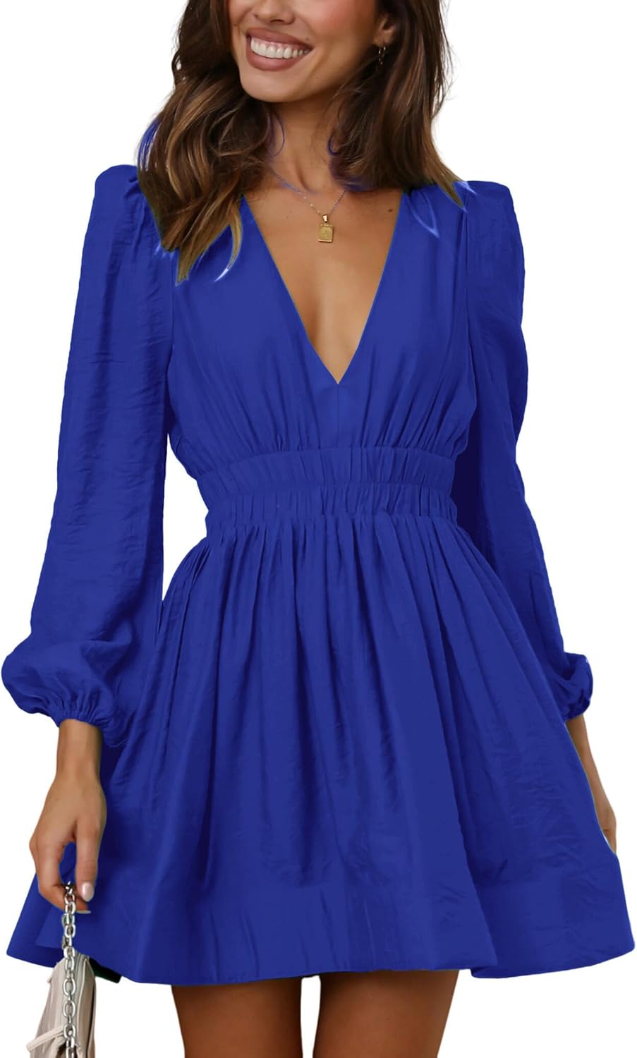 FAIABLE Mini Deep V Sexy Long Sleeve Dress for Women A-line High Waisted Casual Flowy Dress for Cocktail Wedding Guest