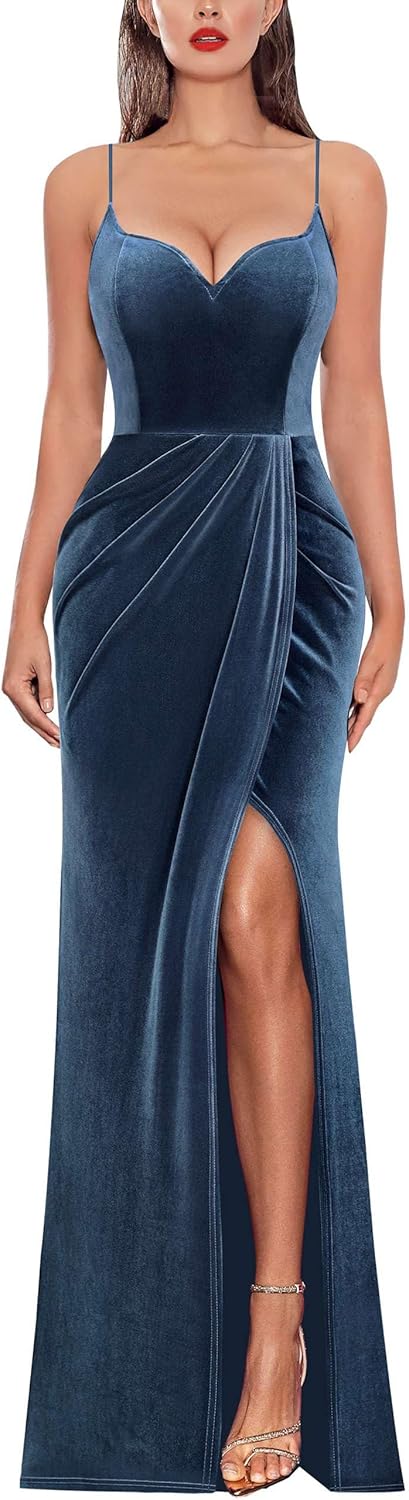 VFSHOW Womens Sexy Formal Ruched Fitted High Slit Bodycon Maxi Dress Spaghetti Strap Sweetheart Cocktail Prom Evening Gown
