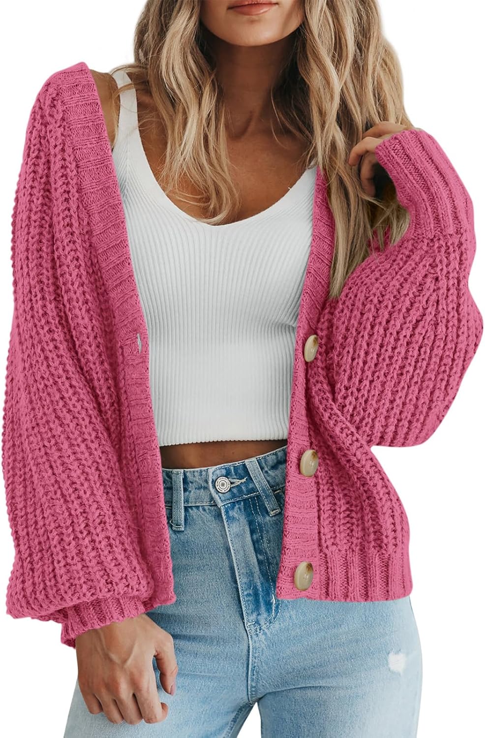 PRETTYGARDEN Women's Chunky Knit Open Front Sweater Long Sleeve Button Loose Short Cardigan Outerwear Coats