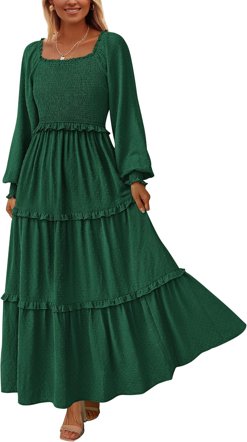 PRETTYGARDEN Fall Dresses for Women 2025 Long Sleeve Smocked Square Neck Swiss Dot Tiered Flowy Wedding Guest Maxi Dress