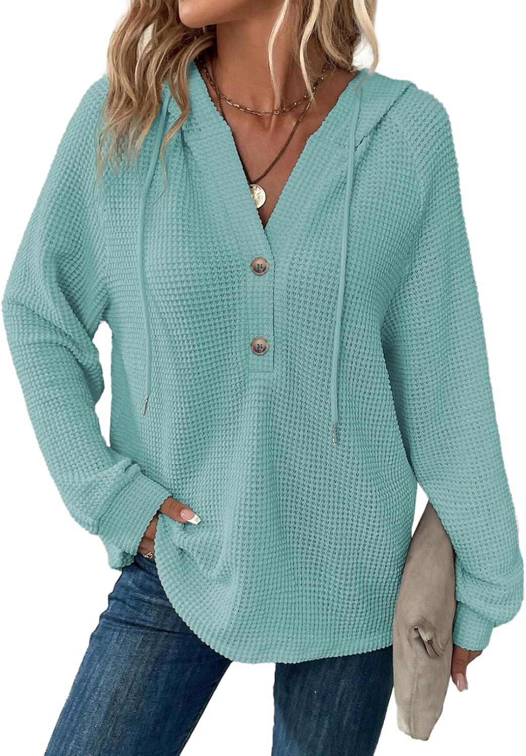 Dokotoo Hoodies for Women Waffle Knit Long Sleeve Drawstring Button V Neck Casual Pullover Sweatshirt Hooded Tops