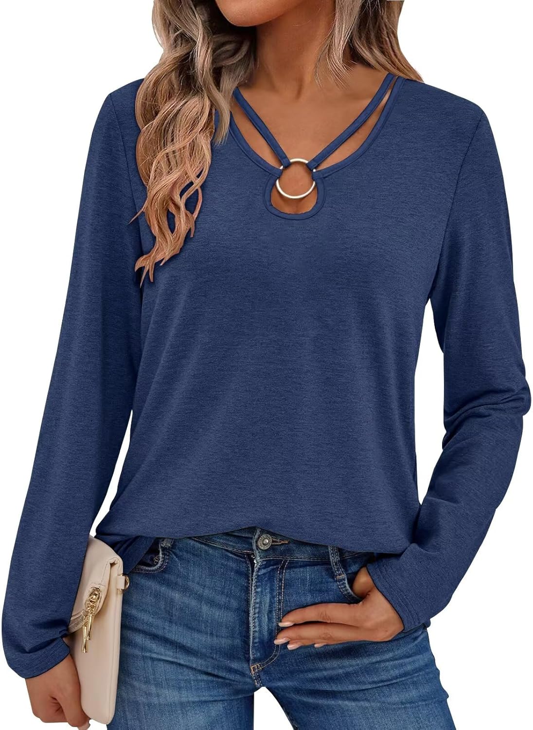 Women's Long Sleeve Tops Keyhole Neck Detail Crew Neck Shirts Ring Cut Out Design Stretchy Tees 2025